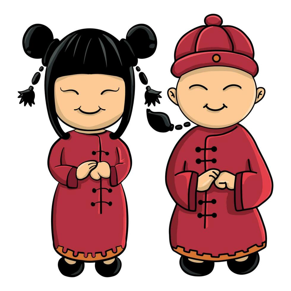 Vektor Illustration von ein Paar von Chinesisch Kinder gekleidet im traditionell Kleidung, perfekt zum kulturelle, festlich, Chinesisch Neu Jahr, und lehrreich Design Projekt
