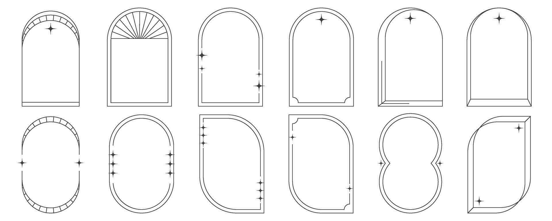 ästhetisch Frames und Formen mit Sterne. minimal y2k Gliederung Grafik Design mit funkelt. abstrakt Bögen Grenzen. modisch Boho geometrisch Vorlagen Satz. Vektor Illustration.