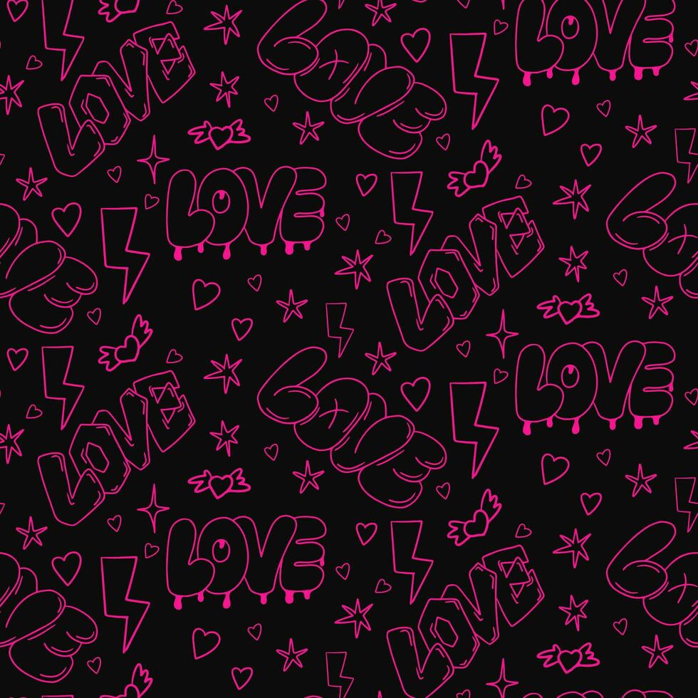 Jahrgang Muster mit Gekritzel Wort Liebe im 90er Jahre Stil auf schwarz Hintergrund. Gliederung skizzenhaft Wörter und Elemente farbig im Neon- Rosa Farbe. perfekt zum Valentinsgrüße Dekoration, Hintergrund vektor