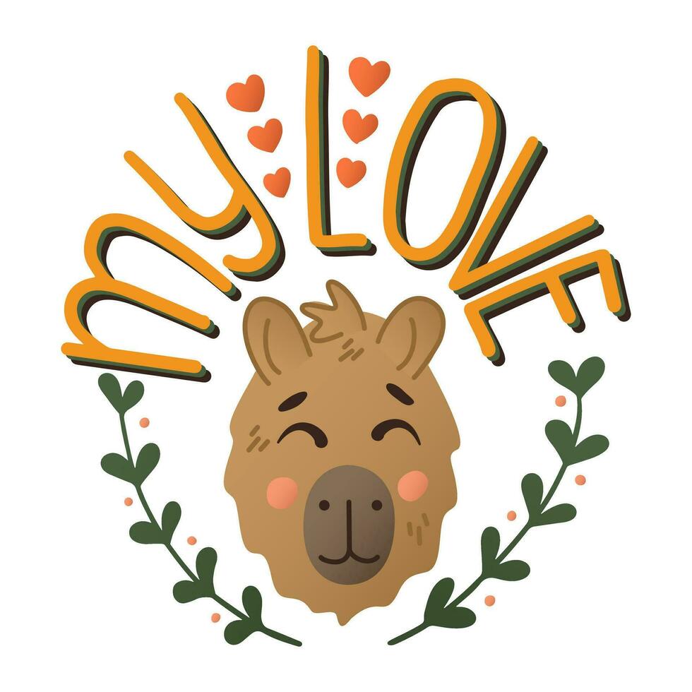 Capybara im Liebe typografisch Oval Komposition. Valentinsgrüße Tag Konzept ausdrucken. süß eben Tier Charakter mit Sterne und Flaggen. isoliert farbig Illustration auf Weiß Hintergrund. gut zum Poster vektor