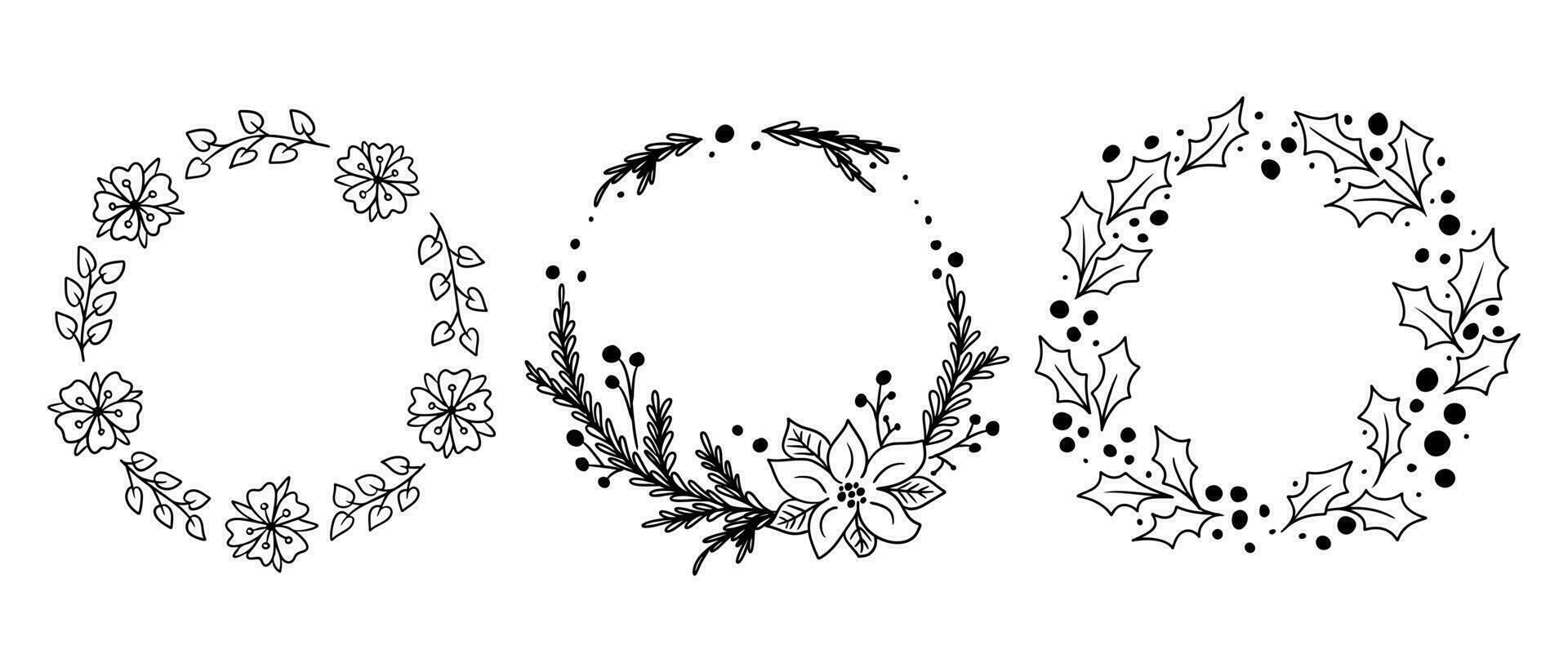 Sammlung von Kontur Gekritzel Blumen- Kränze oder Rahmen. Vektor skizzenhaft Vorlagen. schwarz Umrisse Elemente mit Blumen und Blätter zum zum Hochzeit, Jahrestag Karte, Einladung auf Weiß Hintergrund