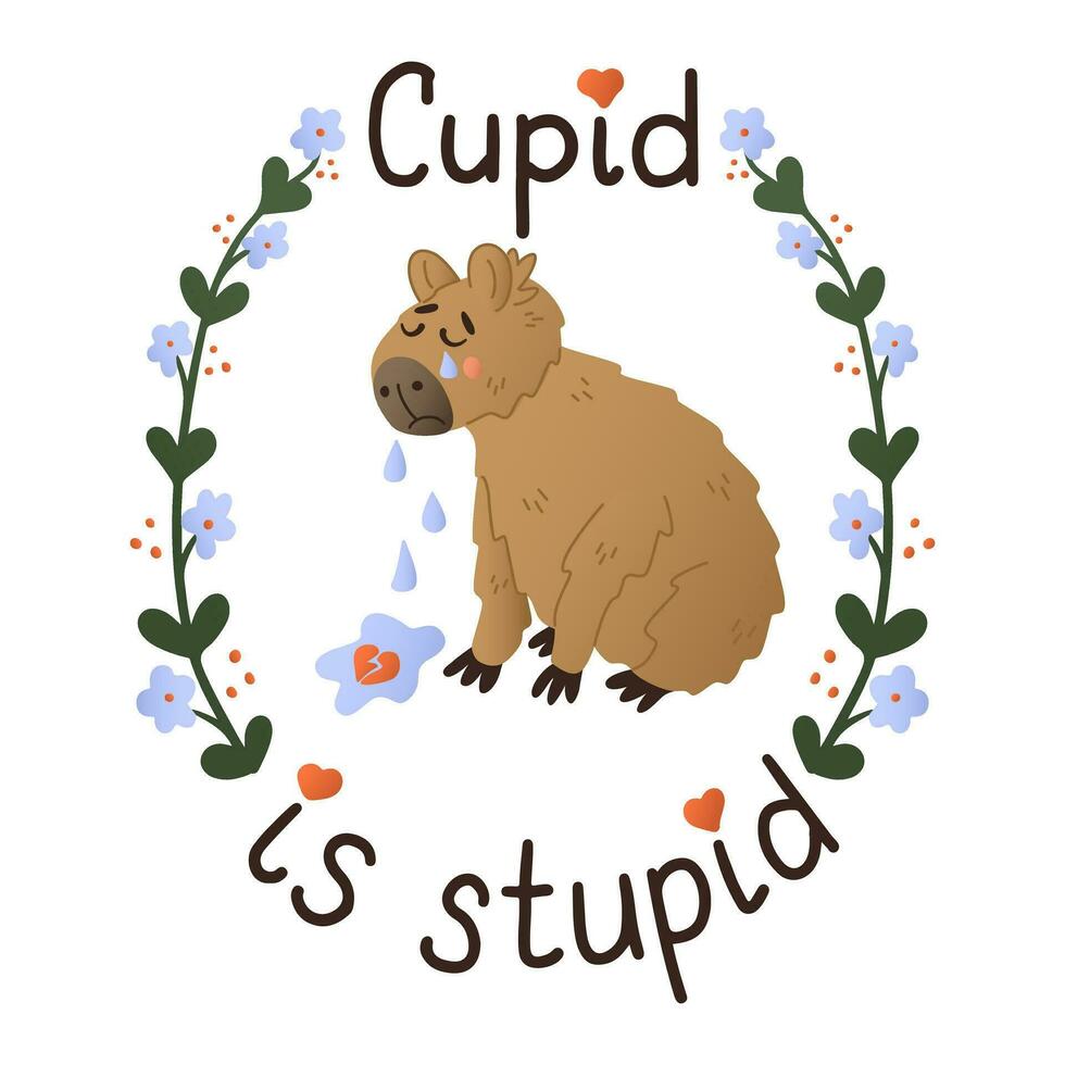 Weinen süß Hand gezeichnet Capybara mit Beschriftung. st Valentinsgrüße Tag typografisch Konzept. süß eben Tier Charakter mit Tränen und gebrochen Herz. isoliert Aufkleber auf Weiß Hintergrund vektor