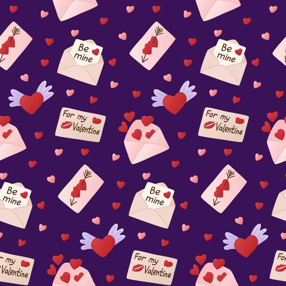 valentines kuvert sömlös mönster med hjärtan, hälsning kort och text. st valentines dag begrepp mönster på lila bakgrund. trendig skriva ut design för textil, tapet, omslag vektor