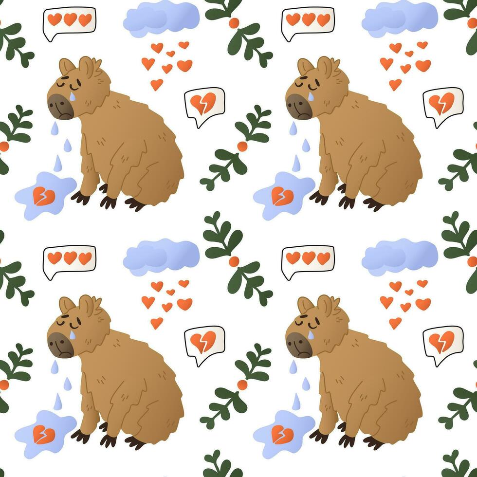 ledsen valentines capybara med tårar sömlös mönster. söt platt djur- tecknad serie tecken med hjärtan, moln, grenar. st valentines dag begrepp mönster på vit bakgrund vektor