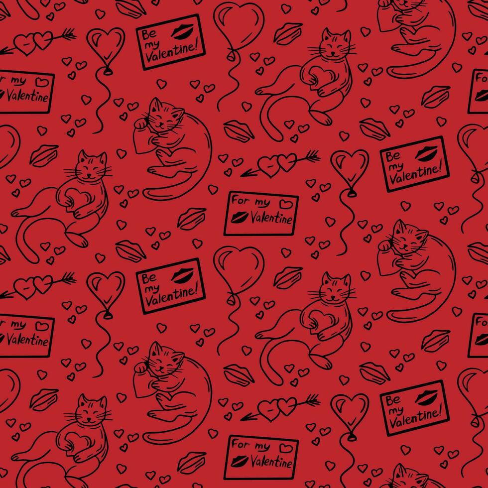 katter med hjärta på valentines dag sömlös mönster. vektor isolerat svart element relaterad till kärlek Semester på röd bakgrund. skriva ut design för textil, tapet st valentines dag begrepp mönster