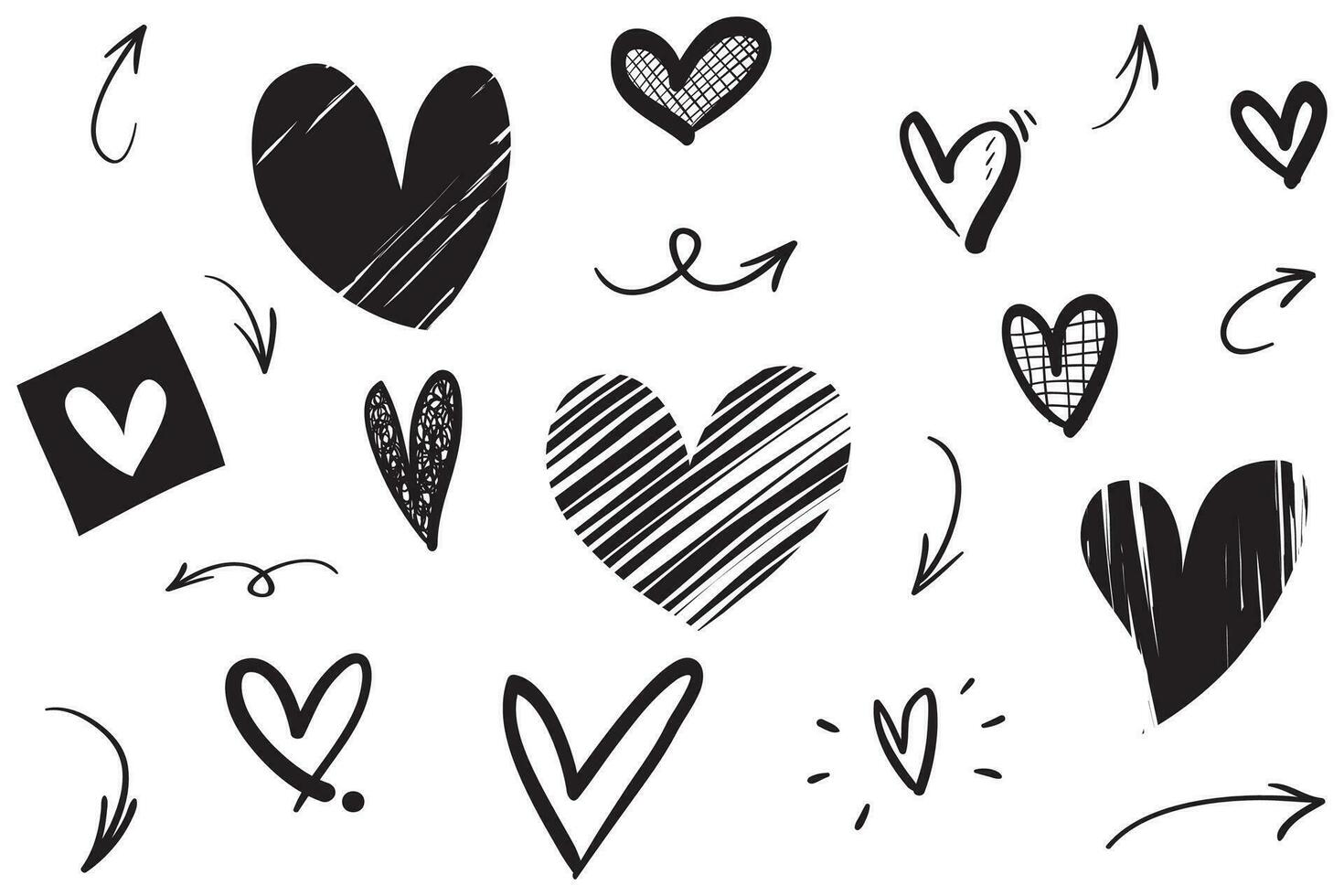 doodle hjärtan, handritade kärlekshjärtan. vektor illustration.