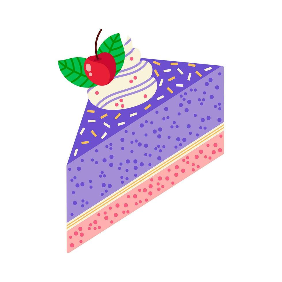 Stück von Kuchen Vektor Symbol. lecker Dessert mit lila Glasur, Kirsche, Beere Mousse, Gelee, Sträusel, Minze Blätter. Sommer- Backen Scheibe isoliert auf Weiß. Süss Geburtstag Gebäck. eben Karikatur Clip Art