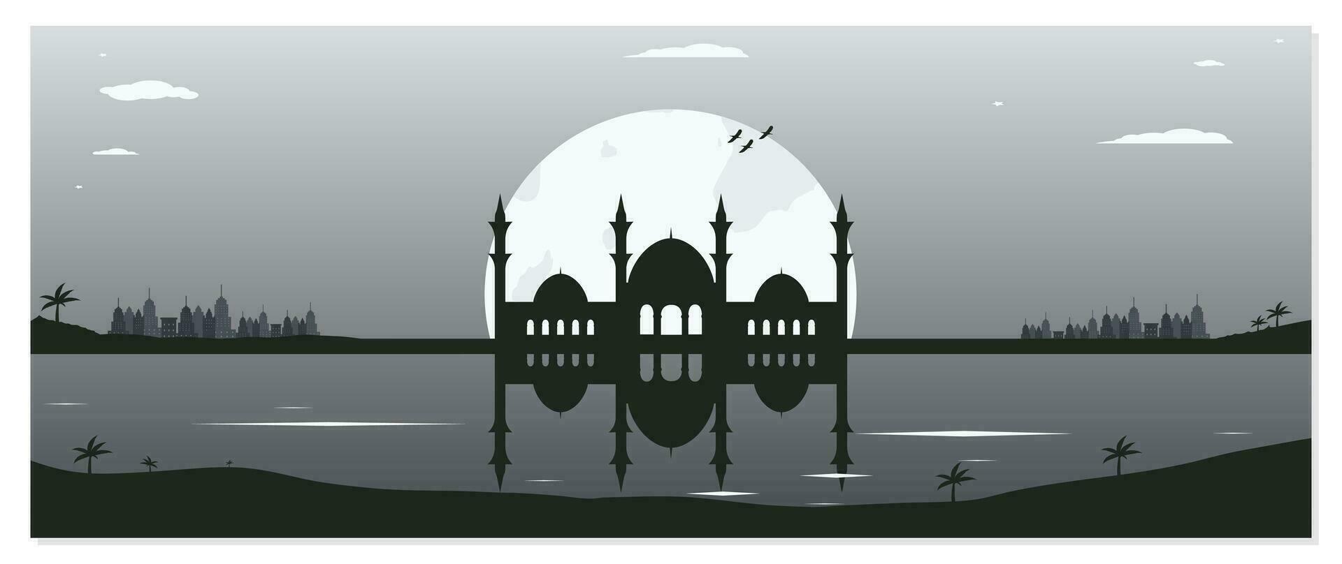 moské silhuett bakgrunder med urban byggnader och full måne i de bakgrund vektor