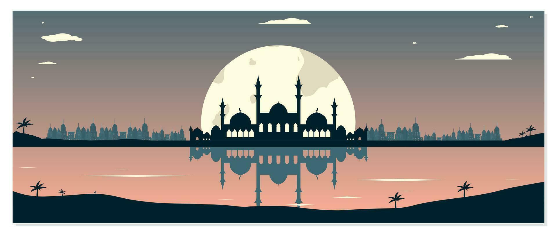 Moschee Silhouetten mit städtisch Gebäude und Sonnenuntergang Hintergrund vektor