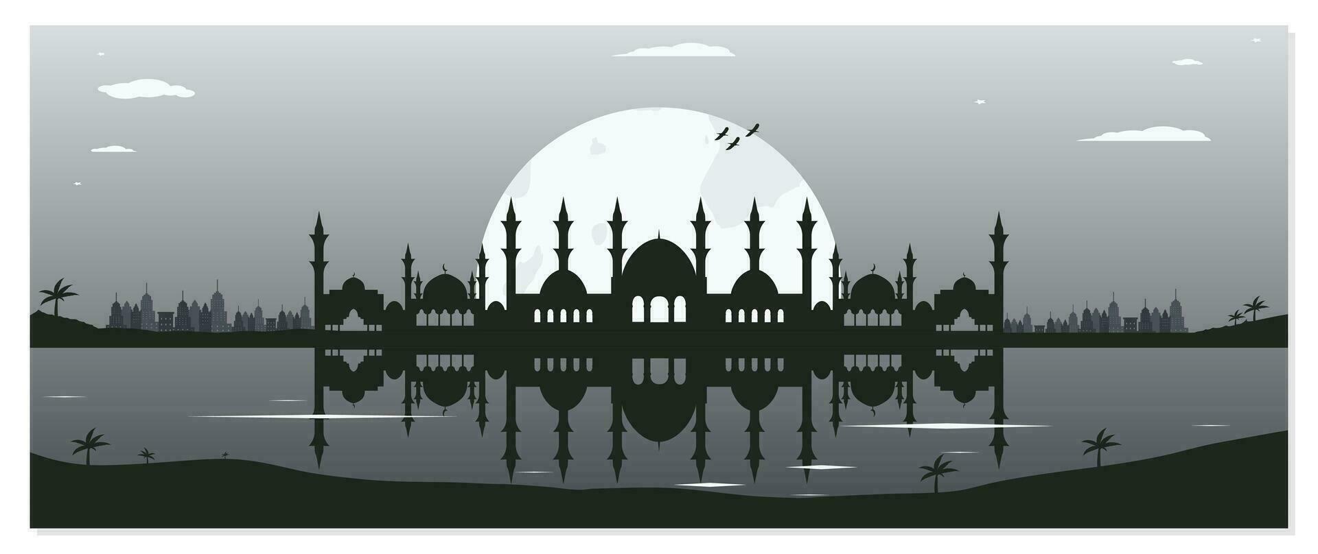 moské silhuett bakgrunder med urban byggnader och full måne i de bakgrund vektor