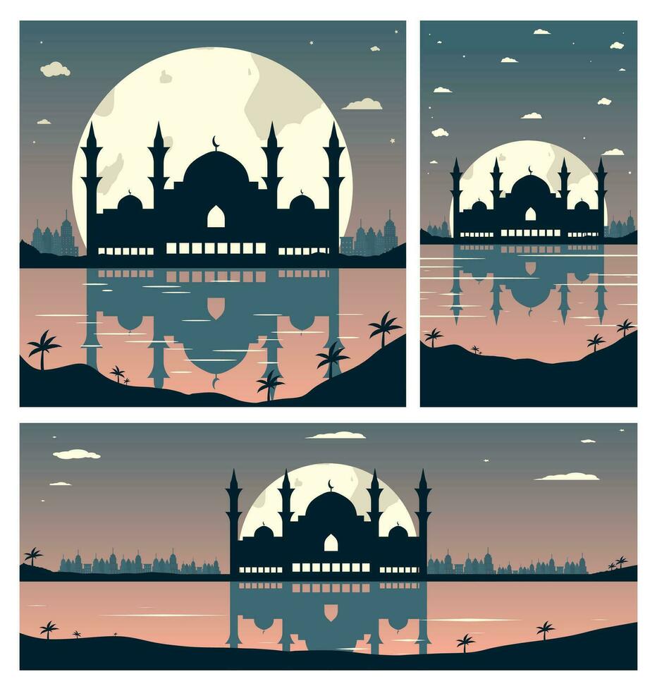 Sammlung von Moschee Silhouetten mit städtisch Gebäude und Sonnenuntergang Hintergrund vektor