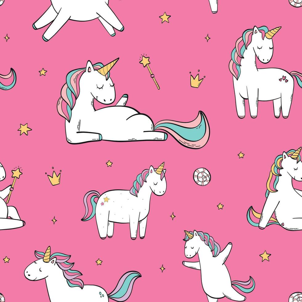 unicorns sömlös mönster. upprepa yta skriva ut med söt unicorns på rosa bakgrund för barn tapet, omslag papper, textil- grafik, stationär, scrapbooking, etc. eps 10 vektor