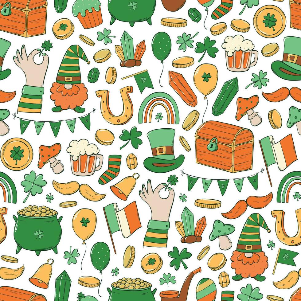 st Patricks dag sömlös mönster med klotter för tapet, scrapbooking, stationär, textil- grafik, förpackning, omslag papper, bakgrunder, etc. eps 10 vektor