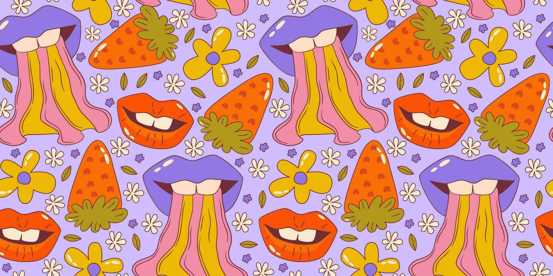trippy häftig blomma sömlös mönster. retro häftig blommig mönster med mun och jordgubbe. psychedelic tecknad serie design. sommar sömlös bakgrund. vektor illustration