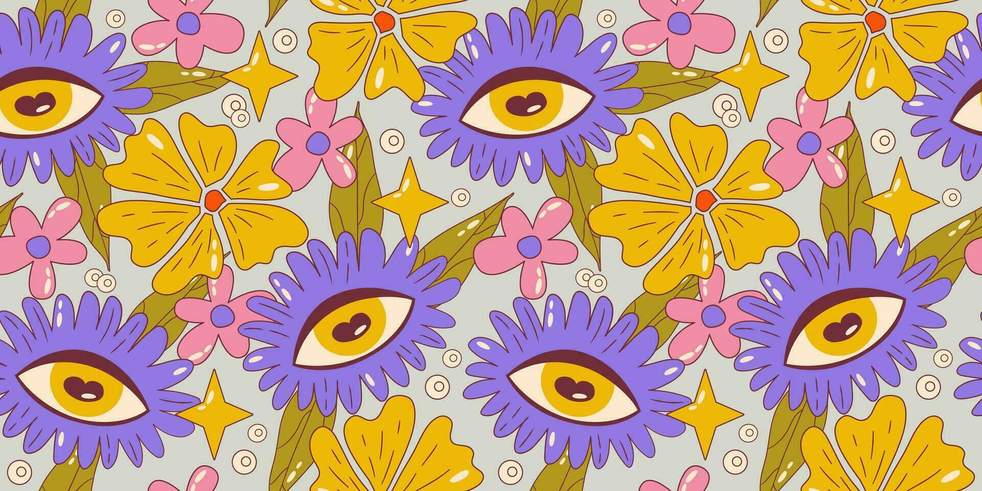trippy häftig blomma sömlös mönster. retro häftig blommig mönster med daisy och öga. psychedelic tecknad serie design. sommar sömlös bakgrund. vektor illustration