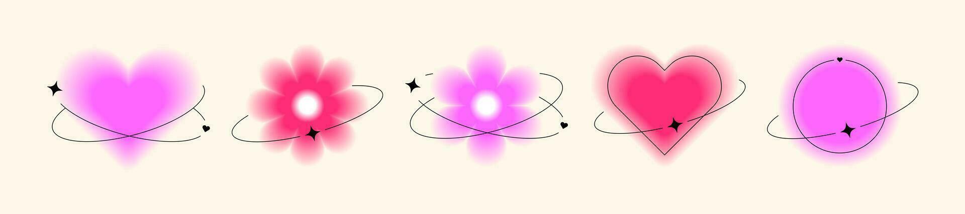 y2k trendig lutning element med aura. estetisk former med fläck hjärtan, blommor och cirkel. vektor former på en beige bakgrund.
