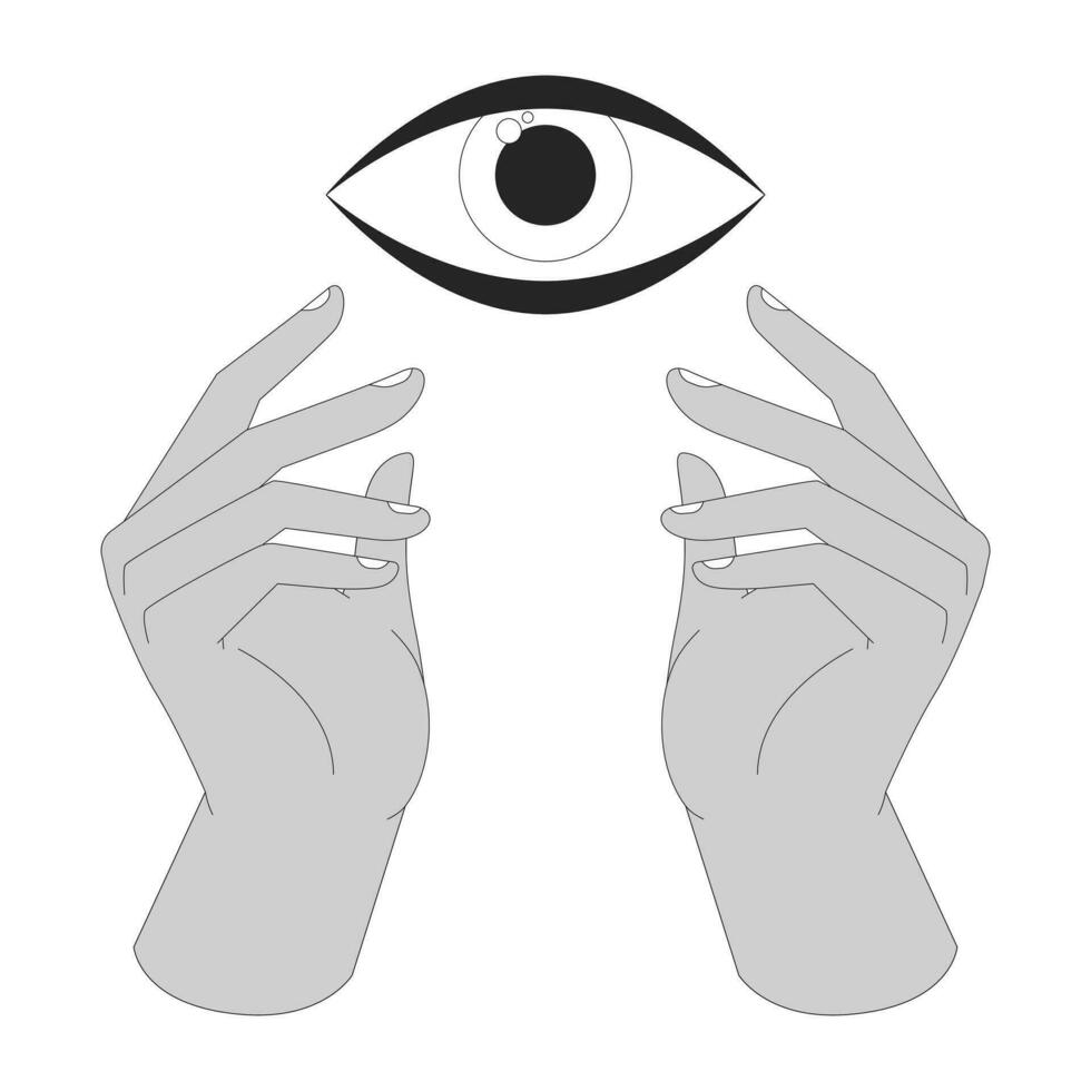 alle Sehen Auge Hände schwarz und Weiß 2d Linie Karikatur Bild. spirituell Orientierungshilfe. mystisch Symbole isoliert Vektor Gliederung abstrakt Konzept. Auge von Vorsehung monochromatisch eben Stelle Illustration