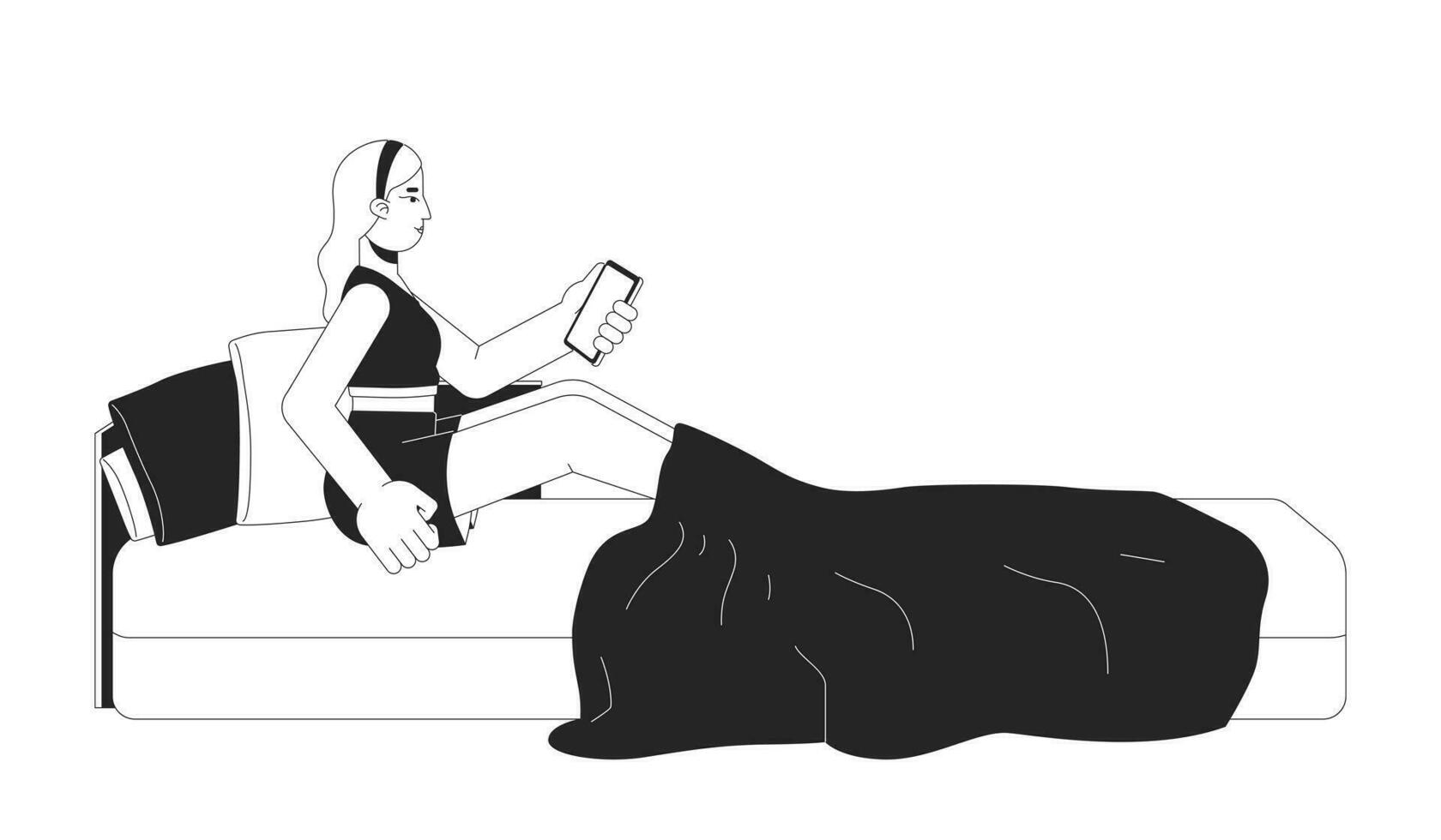 Mädchen mit Telefon im unordentlich Bett schwarz und Weiß 2d Linie Karikatur Charakter. blond kaukasisch Frau halten Smartphone isoliert Vektor Gliederung Person. Doomscrolling monochromatisch eben Stelle Illustration