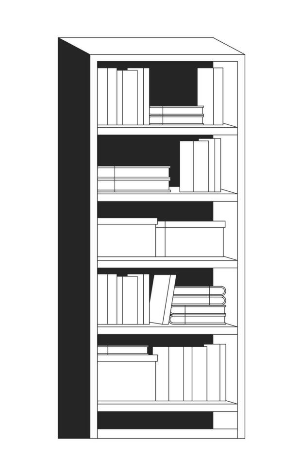 bokhylla levande rum svart och vit 2d linje tecknad serie objekt. kartong lådor böcker bokhyllor isolerat vektor översikt Artikel. bok hållare. bokhandel, bibliotek möbel enfärgad platt fläck illustration