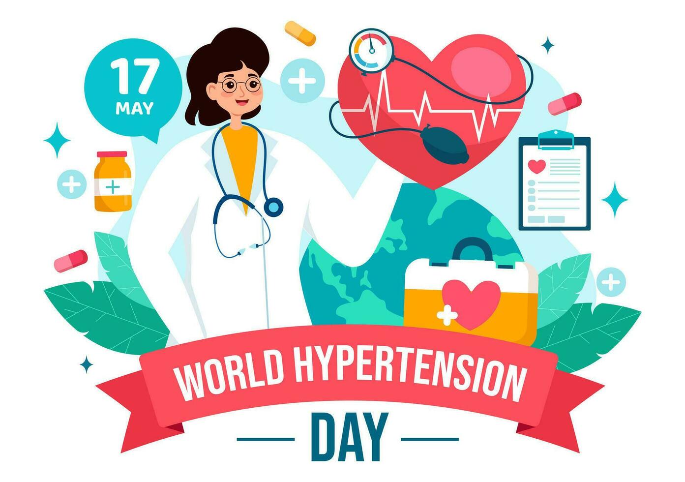 värld hypertoni dag vektor illustration på Maj 17:e med hög blod tryck, tensimeter och röd kärlek bild i sjukvård platt bakgrund