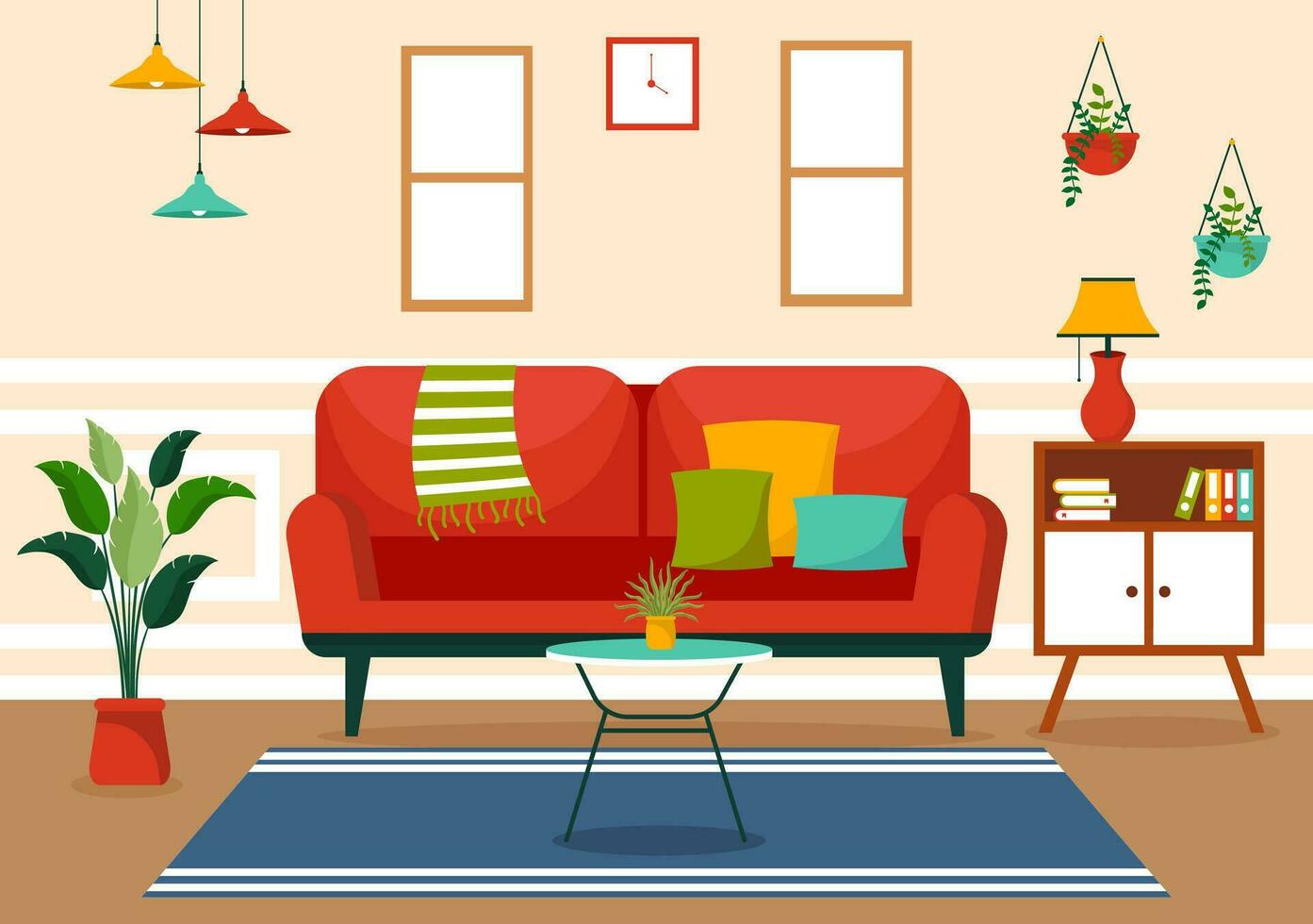 Hem dekor vektor illustration med levande rum interiör och möbel sådan som bekväm soffa, fönster, stol, hus växter och Tillbehör