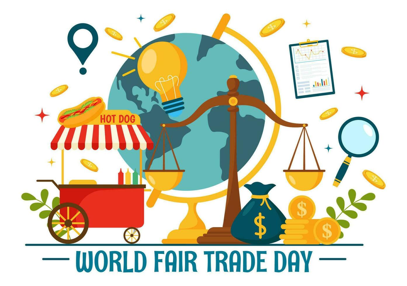 värld rättvis handel dag vektor illustration på 11 Maj med guld mynt, skalor och hammare för klimat rättvisa och planet ekonomisk i platt bakgrund