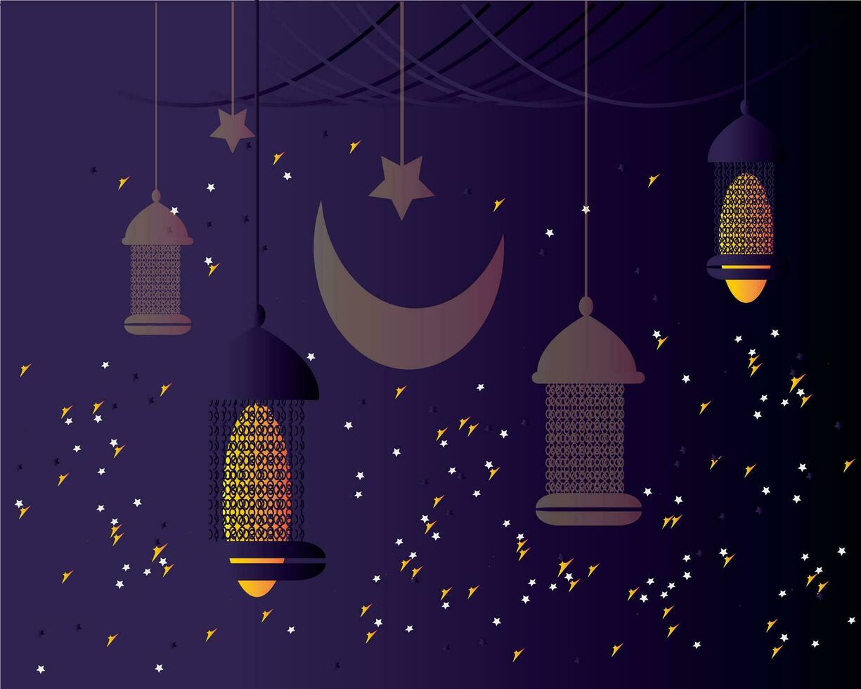 Ramadan kareem islamisch Banner Vorlage. eid Mubarak Muslim Poster Design Vektor mit ein Laterne, Mond, und Star im Luxus Hintergrund. Ramadan Vektor Design Element.