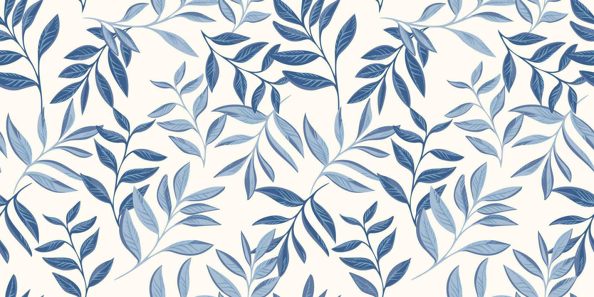 Vektor Hand gezeichnet Blau Blätter Stengel verflochten im ein nahtlos Muster. abstrakt, kreativ, tropisch gestalten Blatt Geäst drucken. Vorlage zum Design, Textil, Mode, Oberfläche Design, Stoff, Hintergrund