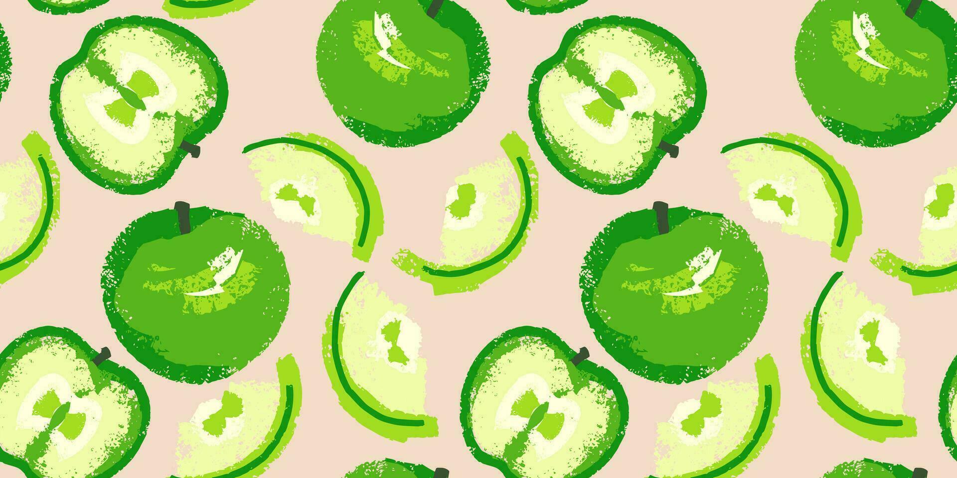 abstrakt sömlös mönster med grön äpplen och äpple skivor. stiliserade, kreativ vektor hand dragen frukter. sommar frukt ljus bakgrund. äpplen texturerad skriva ut.