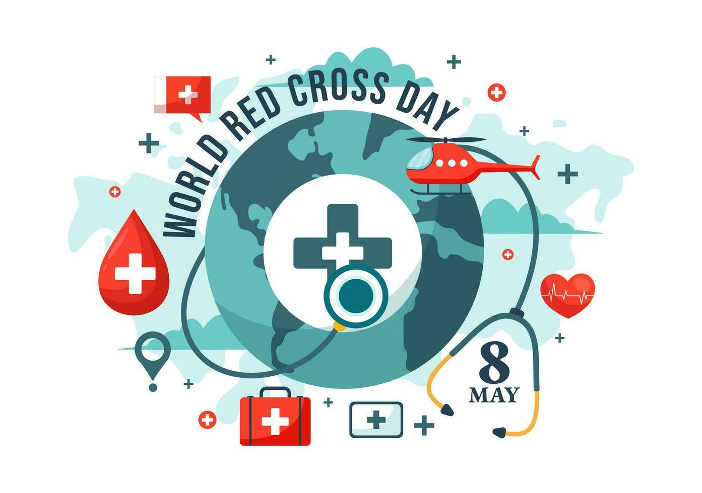 värld röd korsa dag vektor illustration på Maj 8 till medicinsk hälsa och tillhandahålla blod i sjukvård platt tecknad serie bakgrund design