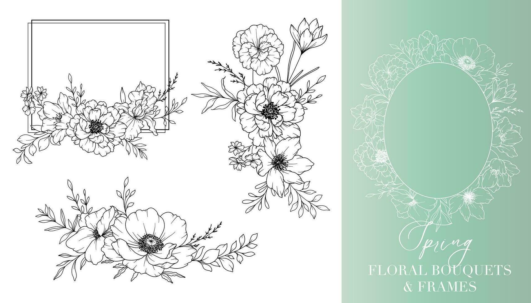 vår blommor linje teckning. blommig ramar och buketter. blommig linje konst. bra linje vår ramar hand dragen illustration. hand dragen översikt blommor. bröllop inbjudningar och kort design element vektor