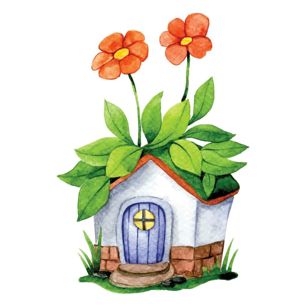 süß Blume Haus, Aquarell Zeichnung mit Fee Haus im Blume Garten vektor