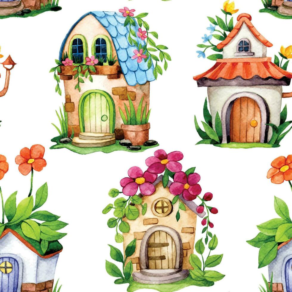 nahtlos Muster von süß Blume Häuser, Aquarell Muster mit Fee Haus im Blume Garten vektor