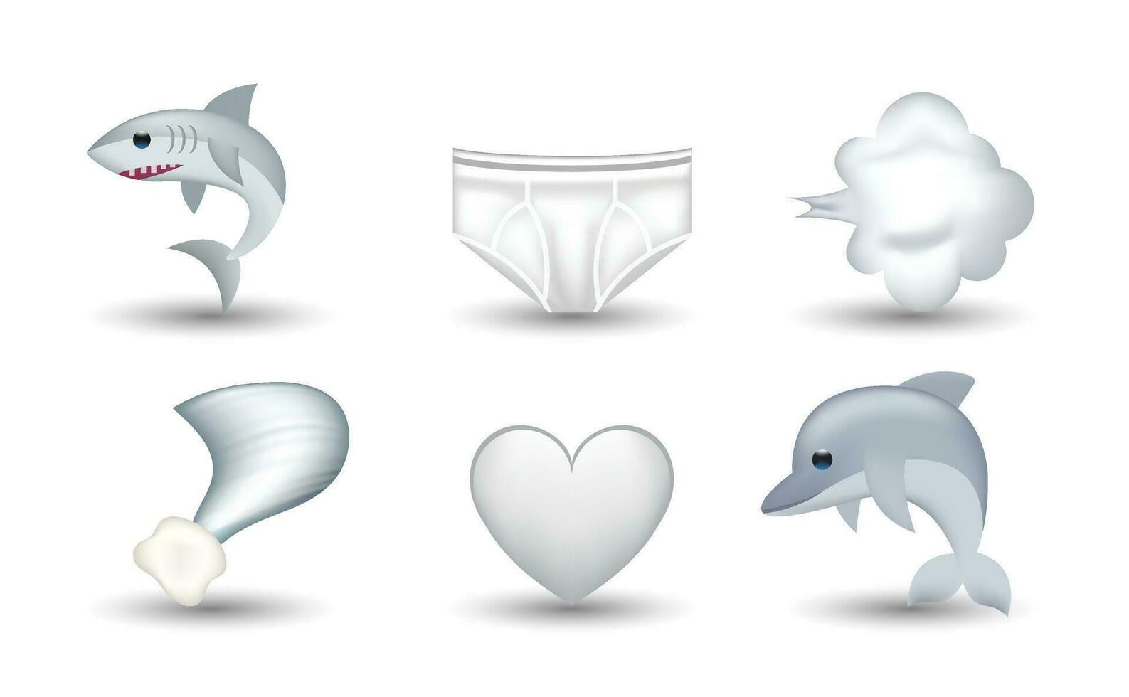 6 uttryckssymbol isolerat på vit bakgrund. isolerat vektor illustration. haj, underkläder, storm, vit hjärta, delfin vektor emoji illustration. 3d illustration uppsättning.