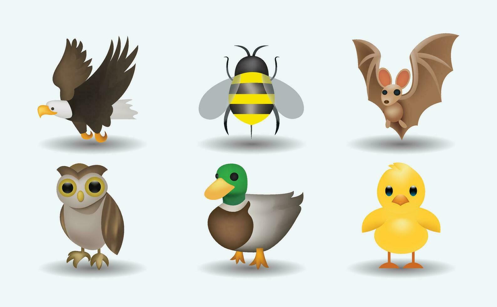 uppsättning av fåglar och däggdjur vektor emoji illustration. Uggla, fladdermus, bi, kyckling, Anka, Örn i tecknad serie stil. samling av blandad tecknad serie fåglar. 3d illustration.