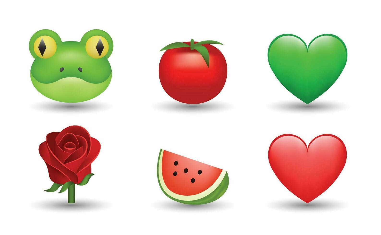 6 Emoticon isoliert auf Weiß Hintergrund. isoliert Vektor Illustration. Frosch, Tomate, Grün Herz, rot Herz, rot Rose, Wassermelone Vektor Emoji Illustration. 3d Illustration Satz.