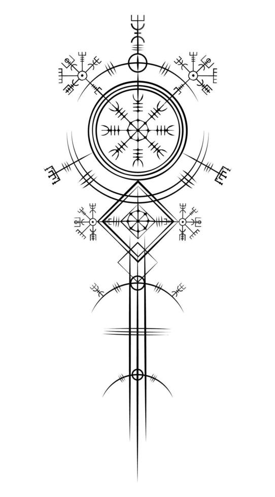 magischer alter Wikinger-Art-Deco, vegvisir magischer Navigationskompass altertümlich. Die Wikinger verwendeten viele Symbole in Übereinstimmung mit der nordischen Mythologie, die in der Wikingergesellschaft weit verbreitet sind. Logo-Symbol wiccan esoterisches Zeichen vektor