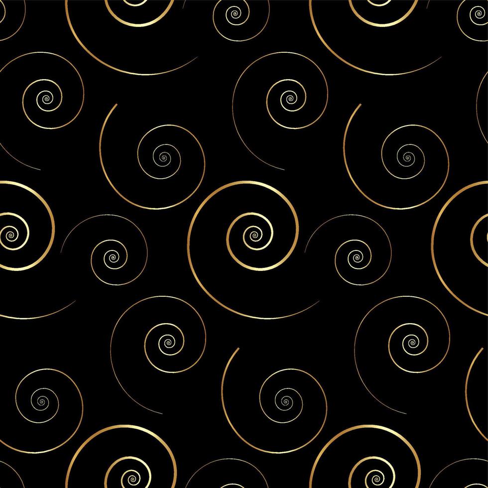 nahtloses Muster mit goldener Spirale lockt Ornament. Vintage-Design goldenes Weihnachtselement. abstraktes verziertes Blumendekor für Tapeten, Stoffe, Stoffe, Textilien. Vektor isolierter schwarzer Hintergrund