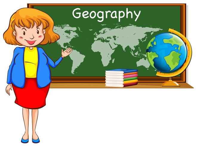 Geografi lärare och världskarta på tavlan vektor