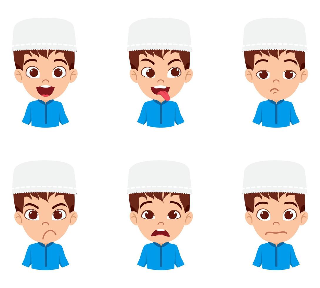 glücklicher süßer schöner muslimischer arabischer Junge Charakter Avatar mit muslimischem Business-Outfit mit verschiedenen Gesichtsausdrücken und Emotionen vektor