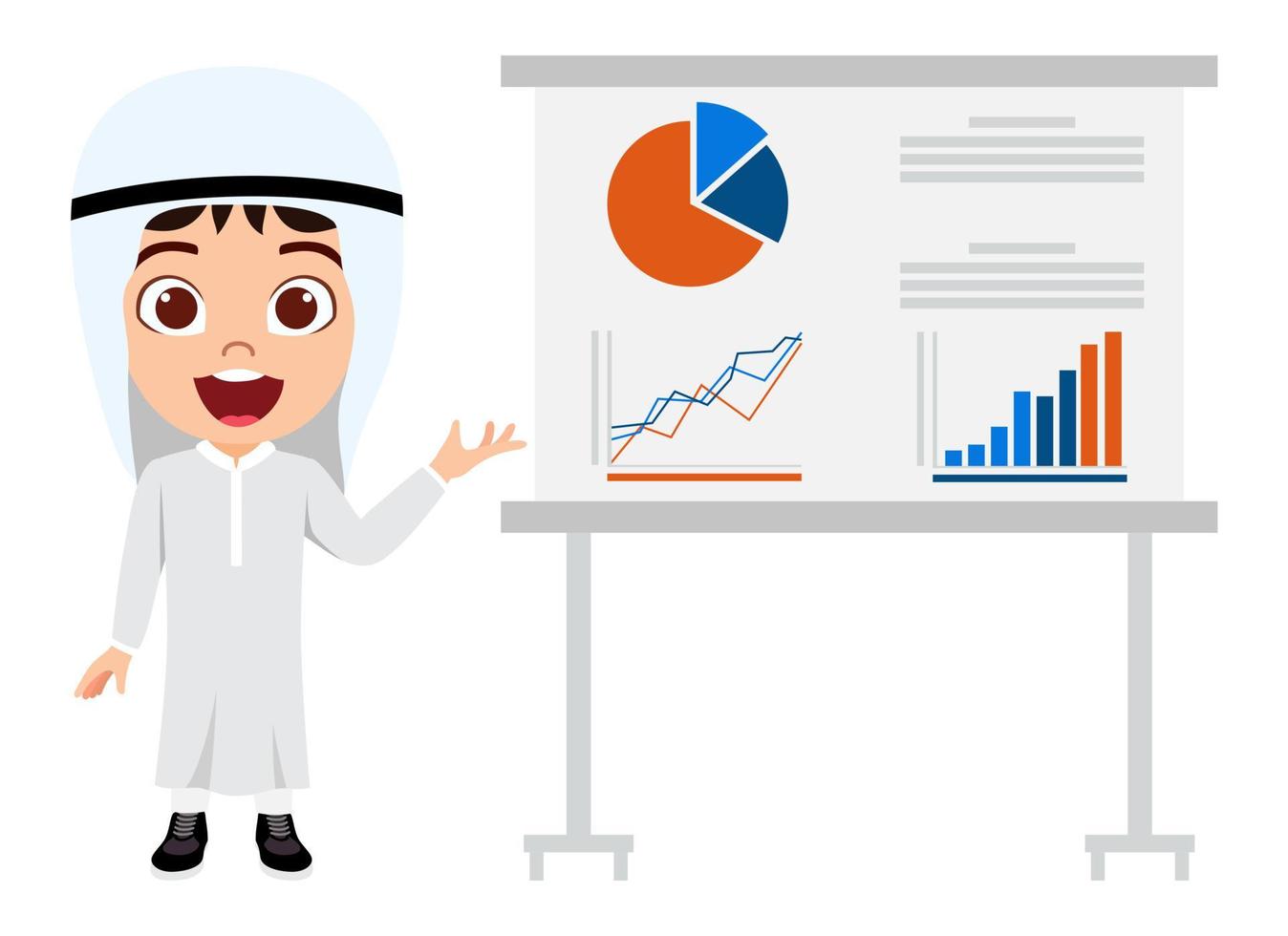 glad söt vacker muslimsk arabisk pojke karaktär bär muslimska affärsdräkt stående och pekar på graf presentationsbräda vektor