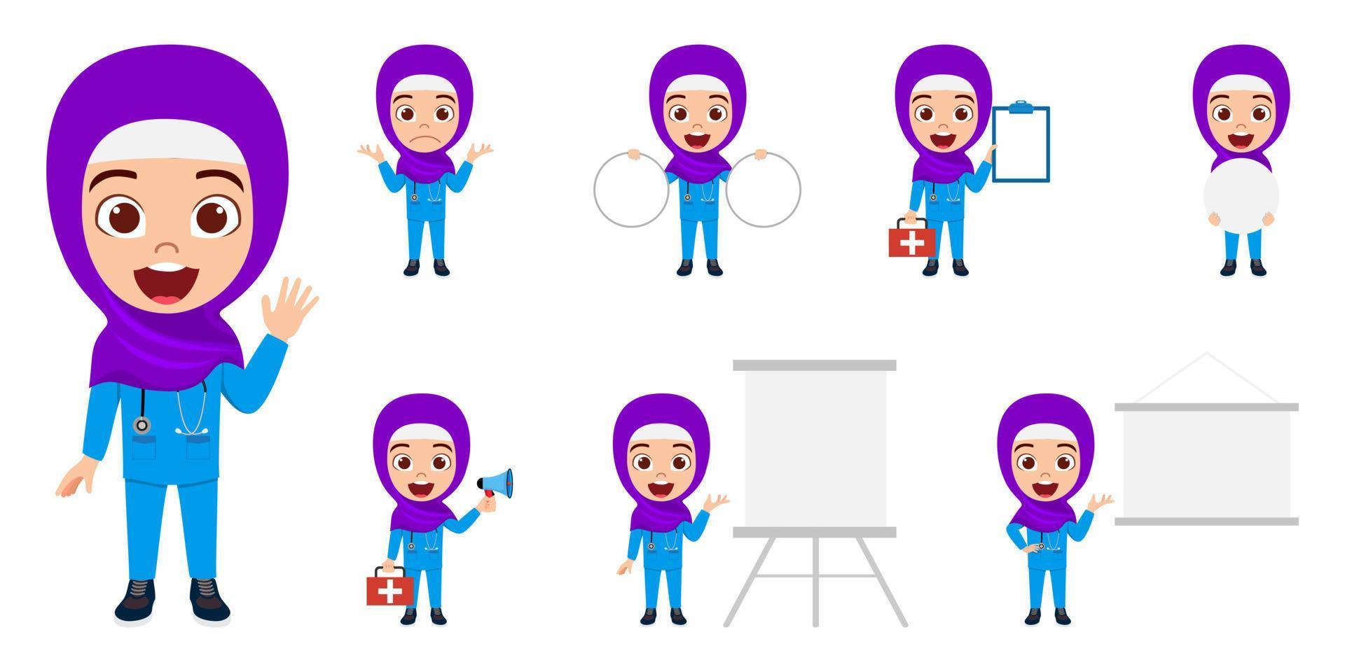 glad söt muslimsk arab kid läkare sjuksköterska karaktär bär sjuksköterska outfit och hijab stående håller mikrofon urklipp medicinsk kit och gör olika åtgärder vektor