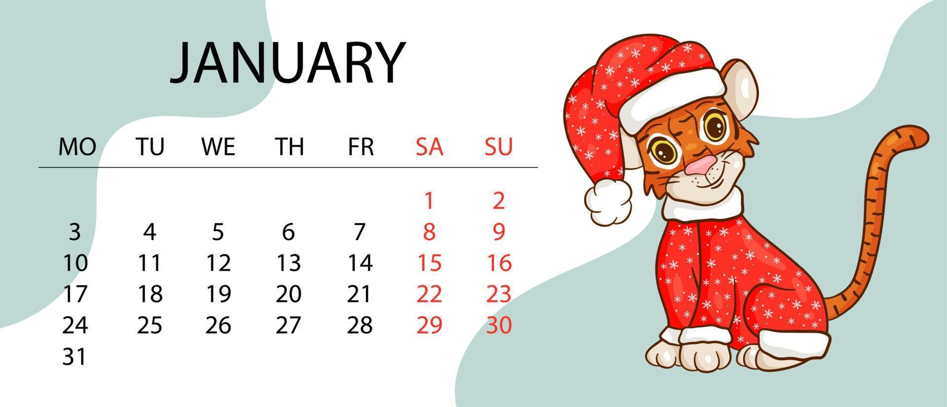kalendermall för 2022, tigerns år enligt den kinesiska eller östra kalendern, med en illustration av tigern. horisontellt bord med kalender för 2022. vektor