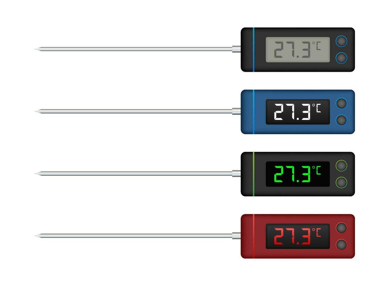 Digital Küche Thermometer mit Temperatur Anzeige im verschiedene Farben, Vektor Illustration einstellen zum kulinarisch und Kochen verwenden