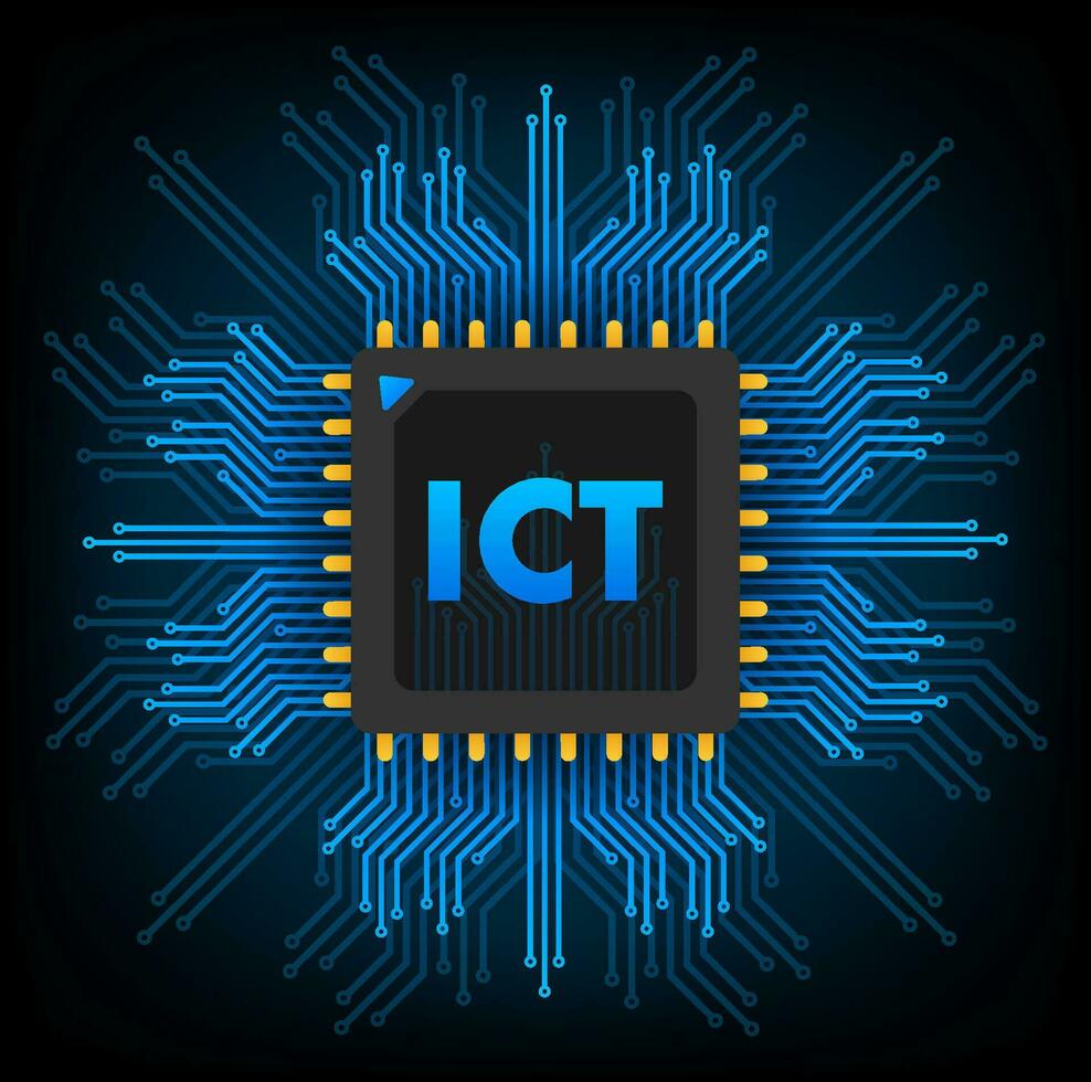 detaljerad vektor design av ett ict mikrochip med en komplex krets styrelse, symboliserar Avancerad information teknologi och kommunikation