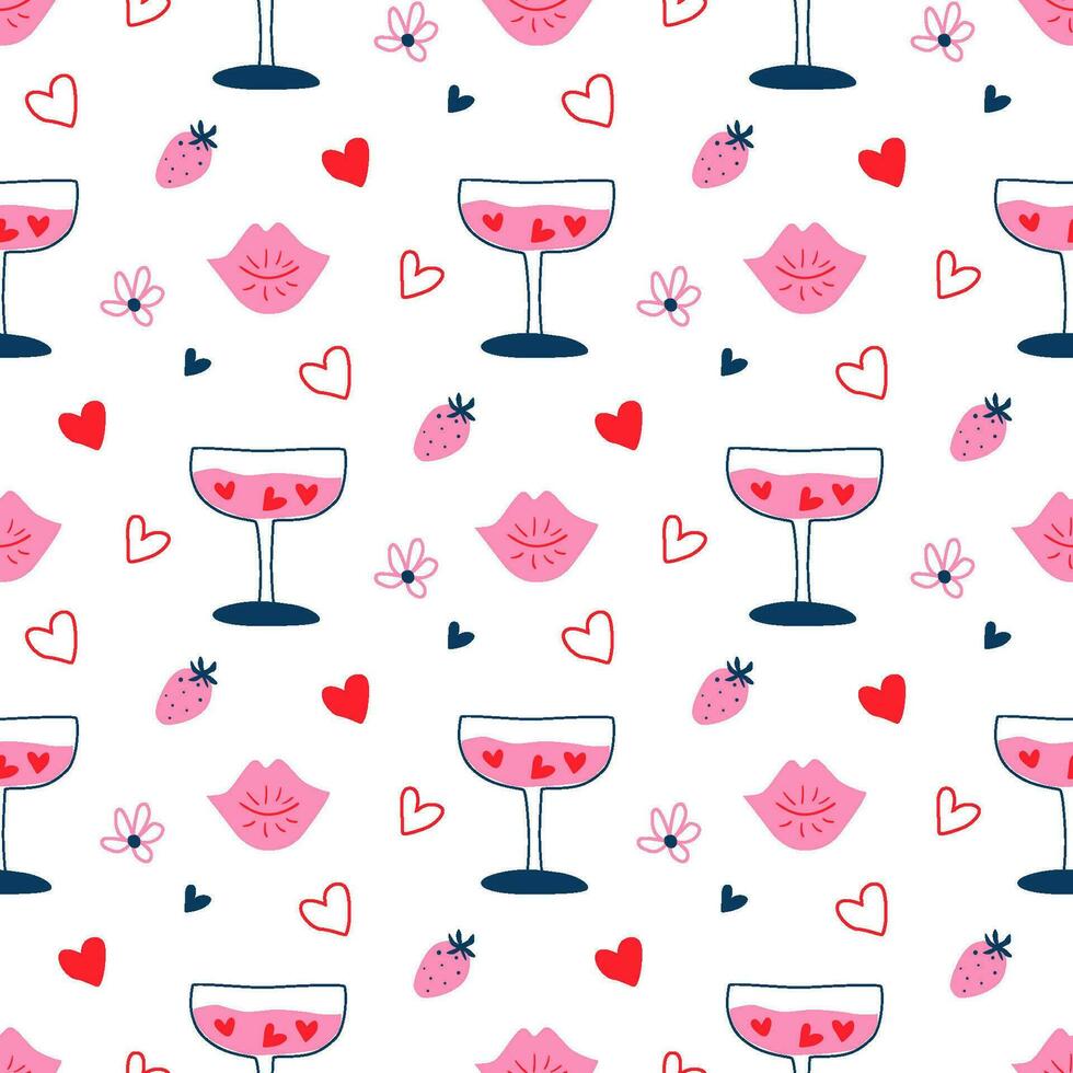 Rosa Gekritzel Liebe nahtlos Muster zum Valentinsgrüße Tag. Hand gezeichnet Cocktail, Herzen, schön Erdbeere, Lippen, Küsse im minimal Stil. Vektor süß Hintergrund, 14 Februar wiederholen Hintergrund, Süss drucken