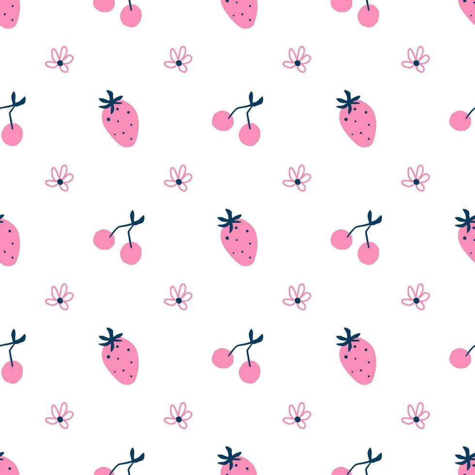 Rosa Gekritzel Liebe nahtlos Muster zum Valentinsgrüße Tag. Hand Erdbeere, Kirsche, Blume Gänseblümchen im minimal Stil. Vektor süß Hintergrund, 14 Februar wiederholen Hintergrund, Süss minimalistisch drucken, Verpackung.