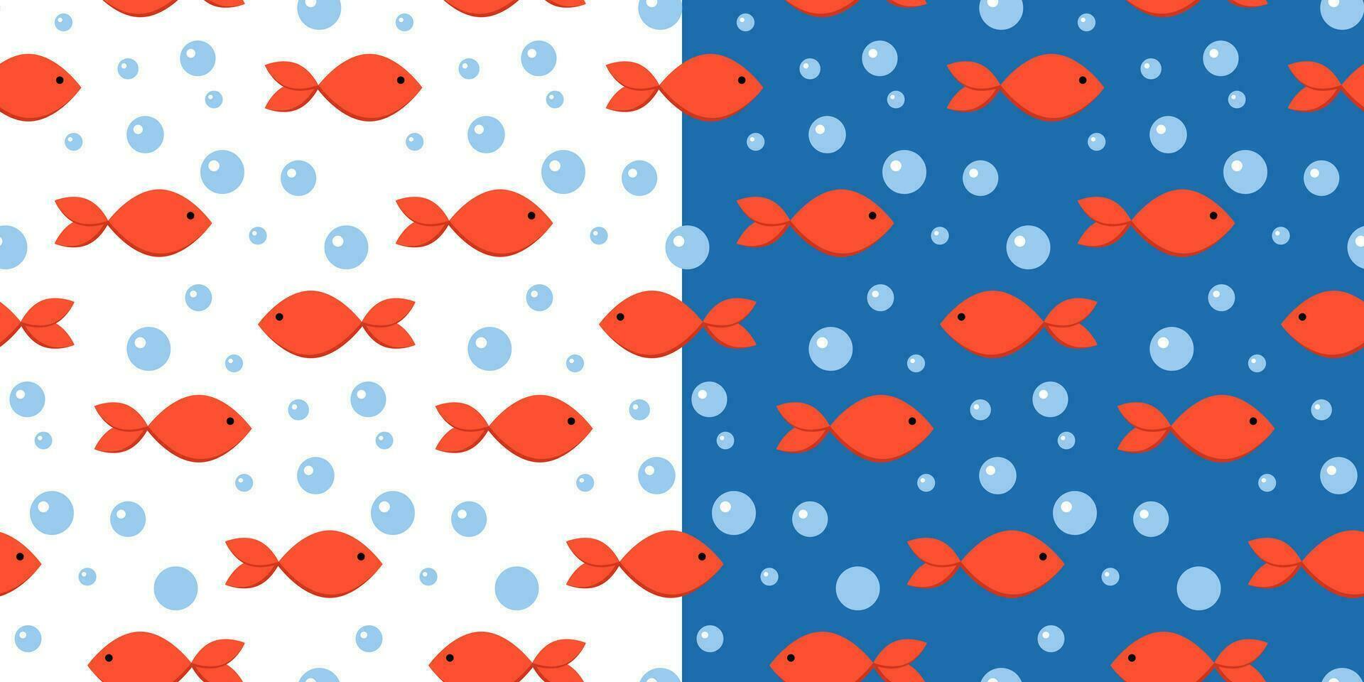 söt röd fisk parade sömlös mönster. minimalistisk röd fiskar och bubblor på vit och mörk blå bakgrund. designad för barnkammare rum, barn kläder, bebis tyger, tapet, omslag papper vektor