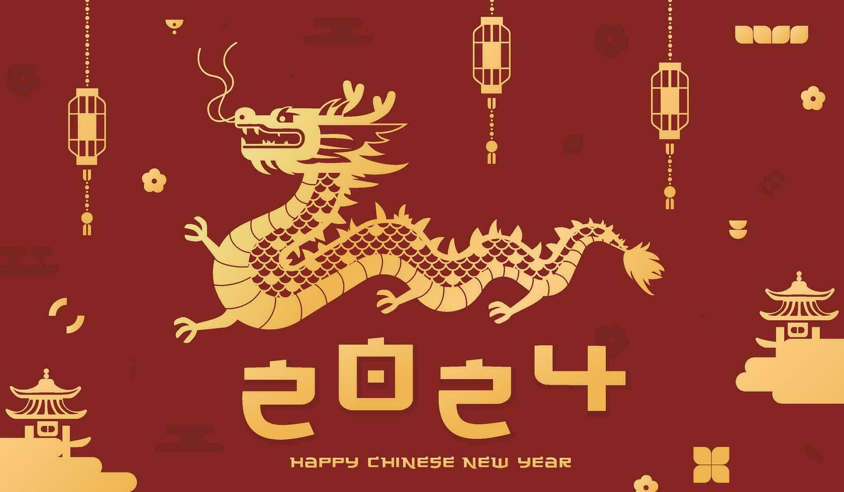 Vektor Illustration von 2024 Chinesisch Neu Jahr von das Drachen im geometrisch Stil. golden Symbol von das Mond- Neu Jahr 2024 auf ein rot Hintergrund. Design zum Hintergrund, Banner und Plakate