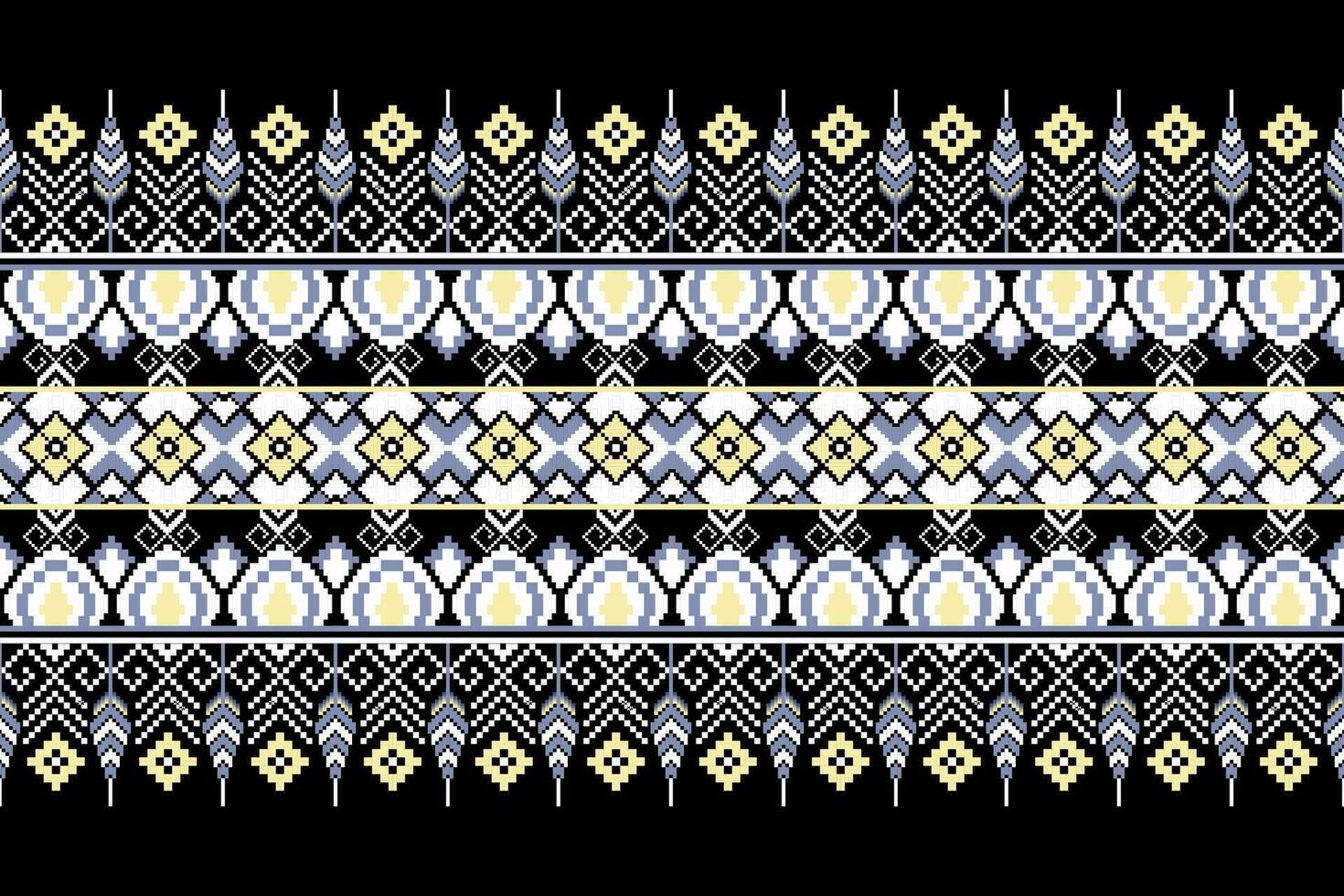 ethnisch Blumen- Stammes- Pixel Kunst horizontal nahtlos Muster auf schwarz Hintergrund. Vektor Design zum Stoff, Teppich, Fliese, Verpackung, Stickerei, Hintergrund, und Hintergrund